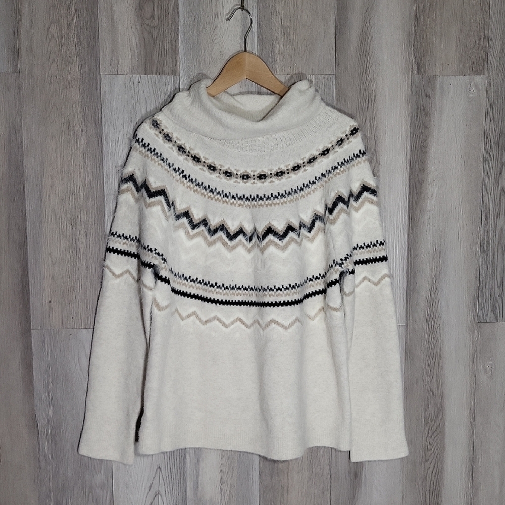 Loft Womens XL Fair Isle Fuzzy‎ Wool Turtleneck Sweater Raglan Sleeve Warm
